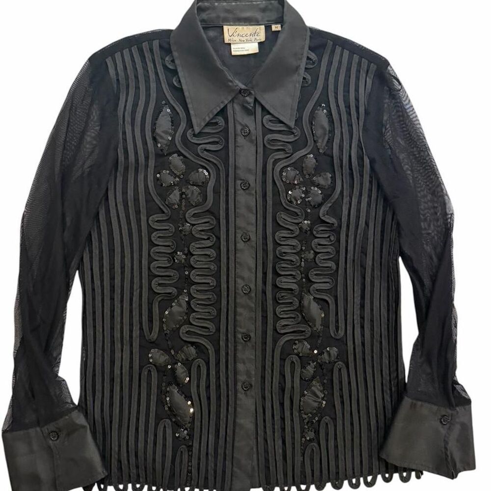 Vincente black button-up blouse with vertical ribbed texture